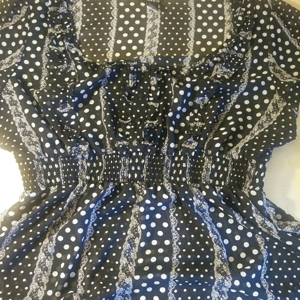 Torrid sheer dot and lace print ruffle blouse